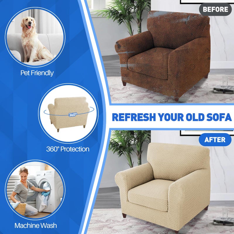 MAXIJIN 2 Piece Jacquard Chair Covers with Arms Super Stretch Non Slip Chair Slipcover for Living Room Dogs Pet Friendly Elastic Sofa Couch Protector Armchair Cover (Chair, Light Beige) - Image 4